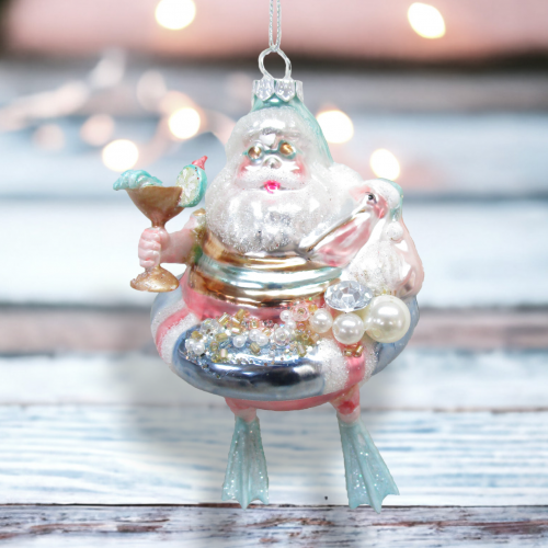 Pastel Santa In Float Ornaments Set Of 2 Coastal Christmas Decor *SHIPS WITHIN 10 DAYS*