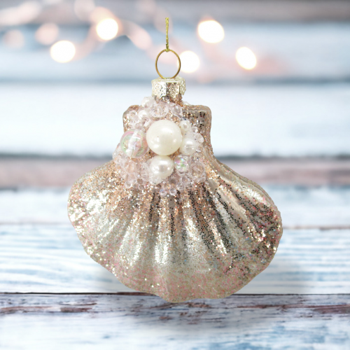Metallic Glitter Shell Ornaments Set Of 2 Coastal Christmas Decor *SHIPS WITHIN 10 DAYS*