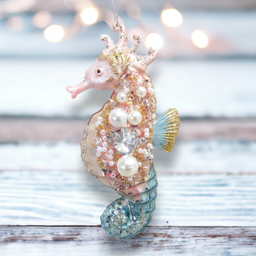 Jeweled Pastel Seahorse Metallic Shell Ornament Coastal Christmas Decor *SHIPS WITHIN 10 DAYS*