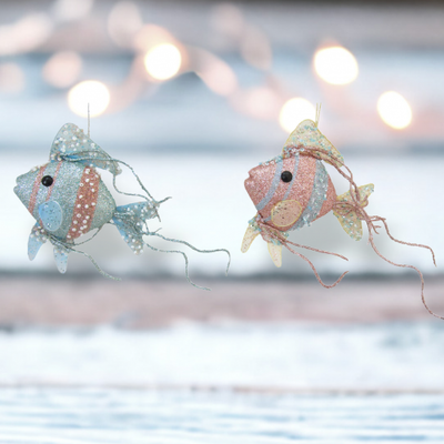 Sequin Pink/Blue Fish&#39;s Set Of 4 Ornaments Coastal Christmas Decor *SHIPS WITHIN 10 DAYS*