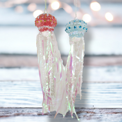Blue/Coral Jellyfish&#39;s Set Of 2 Ornaments Coastal Christmas Decor *SHIPS WITHIN 10 DAYS*