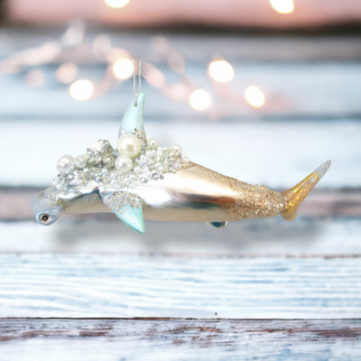 Jeweled Pastel Hammerhead Shark Ornaments Set Of 2 Coastal Christmas Decor *SHIPS WITHIN 10 DAYS*