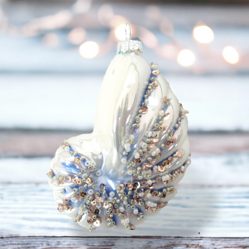 Sequin Conch Shell Ornaments Set Of 2 Coastal Christmas Decor *SHIPS WITHIN 10 DAYS*