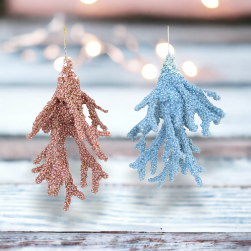 Set Of 2 Coral Dangle Ornaments Coastal Christmas Decor *SHIPS WITHIN 10 DAYS*