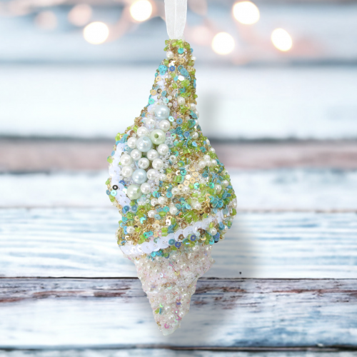 Beaded Seashell Ornaments Set Of 2 Coastal Christmas Decor *SHIPS WITHIN 10 DAYS*