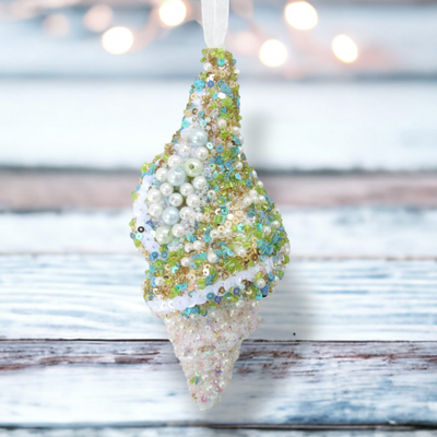 Beaded Seashell Ornaments Set Of 2 Coastal Christmas Decor *SHIPS WITHIN 10 DAYS*