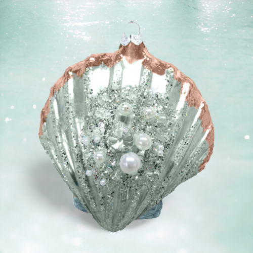 Seafoam/Gold Scallop Shell Ornaments Set Of 2 Coastal Christmas Decor *SHIPS WITHIN 10 DAYS*