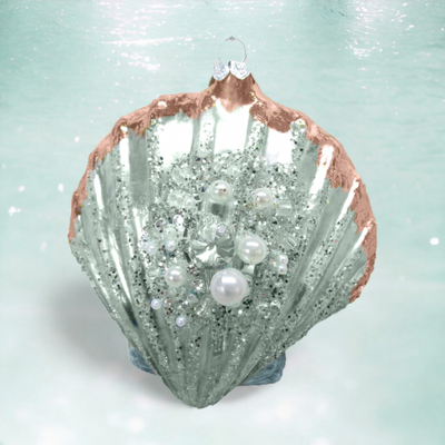 Seafoam/Gold Scallop Shell Ornaments Set Of 2 Coastal Christmas Decor *SHIPS WITHIN 10 DAYS*