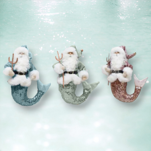 9&quot; Santa Merman Set Of 6 Ornaments Coastal Christmas Decor *SHIPS WITHIN 10 DAYS*