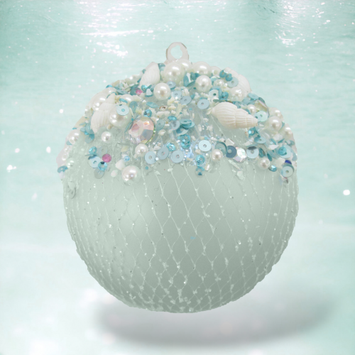 Seafoam Ball With Netted Jewels Ornaments Set Of 2 Coastal Christmas Decor *SHIPS WITHIN 10 DAYS*