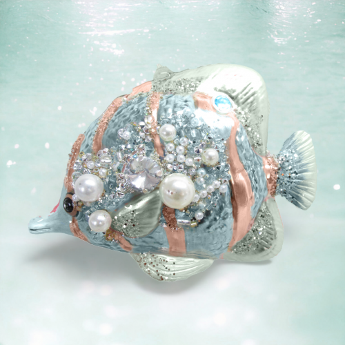 Blue Stripe Fish Ornaments Set of 2 Coastal Christmas Decor *SHIPS WITHIN 10 DAYS*