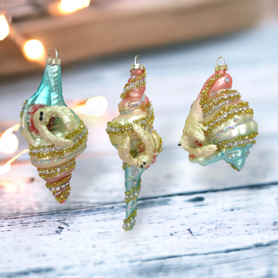 Pastel Shells Set Of 3 Ornaments Coastal Christmas Decor *SHIPS WITHIN 10 DAYS*
