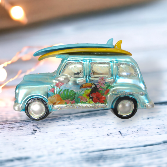 Blue Van With Surfboard Ornaments Set Of 2 Coastal Christmas Decor *SHIPS WITHIN 10 DAYS*