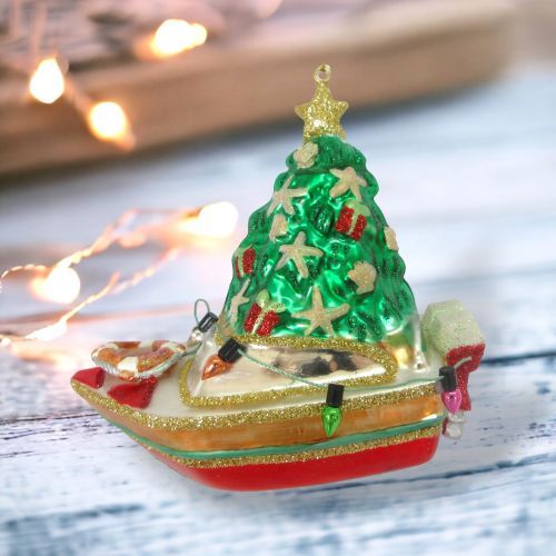 Glass Boat With Tree Ornaments Set Of 2 Coastal Christmas Decor *SHIPS WITHIN 10 DAYS*