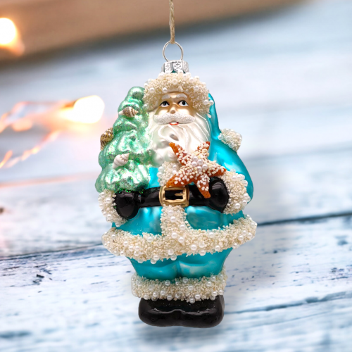 Blue Santa With Tree Ornaments Set of 2 Coastal Christmas Decor *SHIPS WITHIN 10 DAYS*