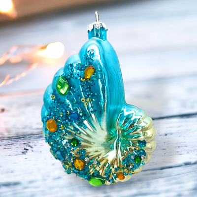 Blue Conch Shell With Stones Ornaments Set Of 2 Coastal Christmas Decor *SHIPS WITHIN 10 DAYS*