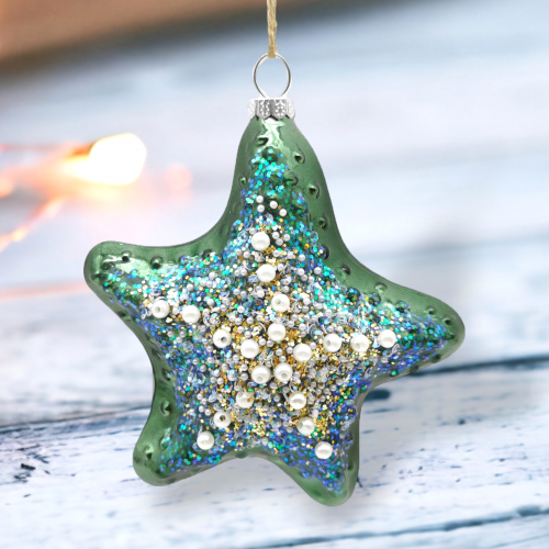 Blue Starfish With Beads Ornaments Set Of 2 Coastal Christmas Decor *SHIPS WITHIN 10 DAYS*