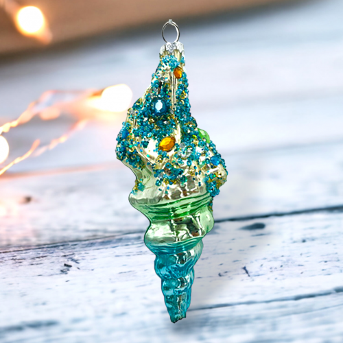 Blue Shell With Stone Ornaments Set Of 2 Coastal Christmas Decor *SHIPS WITHIN 10 DAYS*