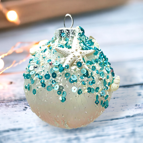 Coastal Ball With Sequins Starfish Ornaments Set Of 2 Coastal Christmas Decor *SHIPS WITHIN 10 DAYS*