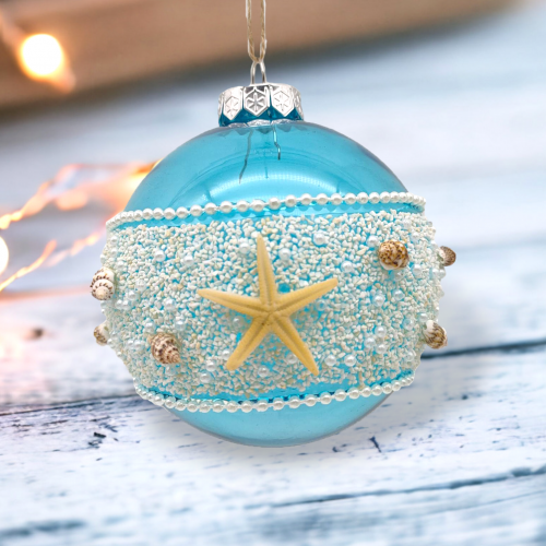 Blue Glass Ball With Lace Bead Band Ornaments Set Of 2 Coastal Christmas Decor *SHIPS WITHIN 10 DAYS*