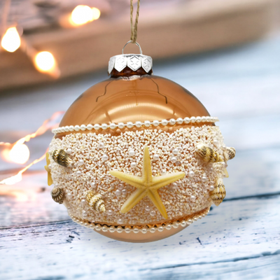 Bronze Glass Ball With Lace Bead Band Ornaments Set of 2 Coastal Christmas Decor *SHIPS WITHIN 10 DAYS*