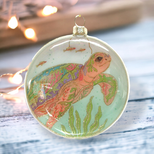 Turtle Glass Disc Ornaments Set Of 2 Coastal Christmas Decor *SHIPS WITHIN 10 DAYS*