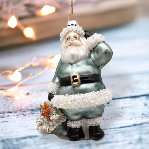 Blue/Tan Santa With Bag Ornaments Set of 2 Coastal Christmas Decor *SHIPS WITHIN 10 DAYS*