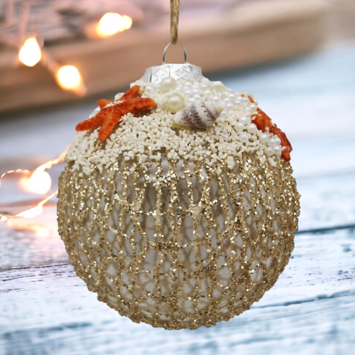 Tan Sand Beaded With Starfish Ornaments Set Of 2 Coastal Christmas Decor *SHIPS WITHIN 10 DAYS*