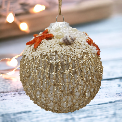 Tan Sand Beaded With Starfish Ornaments Set Of 2 Coastal Christmas Decor *SHIPS WITHIN 10 DAYS*