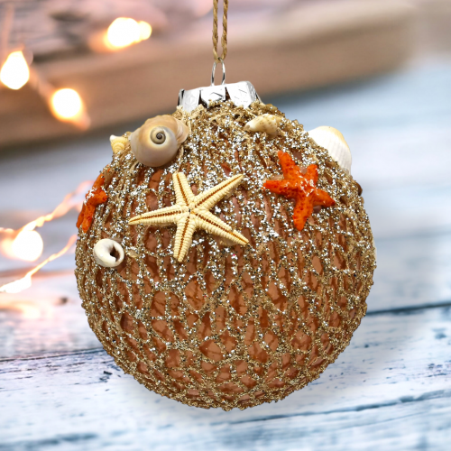 Bronze Netted With Starfish Ornaments Set Of 2 Coastal Christmas Decor *SHIPS WITHIN 10 DAYS*