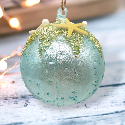 Blue Ball With Sand Starfish Ornaments Set Of 2 Coastal Christmas Decor *SHIPS WITHIN 10 DAYS*