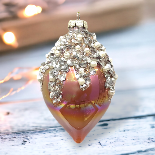 Salmon Teardrop With Gold Beads Ornaments Set Of 2 Coastal Christmas Decor *SHIPS WITHIN 10 DAYS*