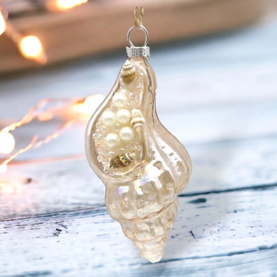 Pearl Conch Shell With Pearls Ornaments Set of 2 Coastal Christmas Decor *SHIPS WITHIN 10 DAYS*