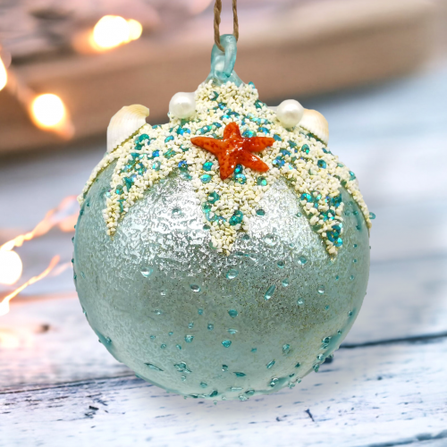Blue/Sand Beaded With Starfish Ornaments Set Of 2 Coastal Christmas Decor *SHIPS WITHIN 10 DAYS*