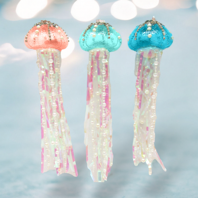 Teal/Aqua/Coral Jellyfish Set Of 3 Ornaments Coastal Christmas Decor *SHIPS WITHIN 10 DAYS*