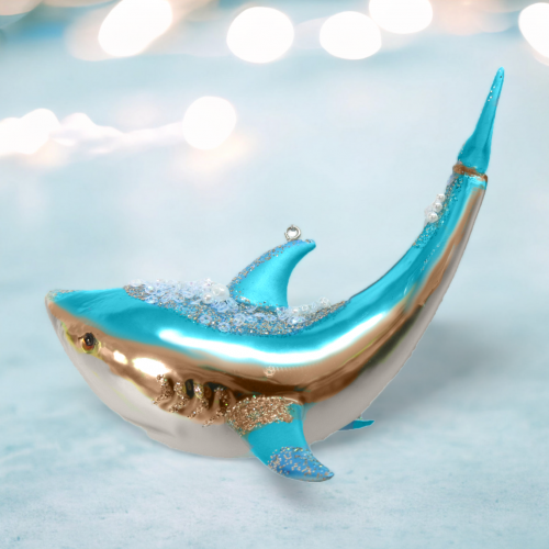 Aqua/Gold Shark Ornament Coastal Christmas Decor *SHIPS WITHIN 10 DAYS*