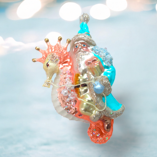 Santa on Coral Sea Horse Ornaments Set Of 2 Coastal Christmas Decor *SHIPS WITHIN 10 DAYS*
