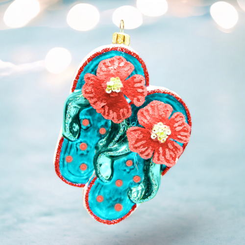 Teal/Coral Flip Flop Ornaments Set Of 2 Coastal Christmas Decor *SHIPS WITHIN 10 DAYS*