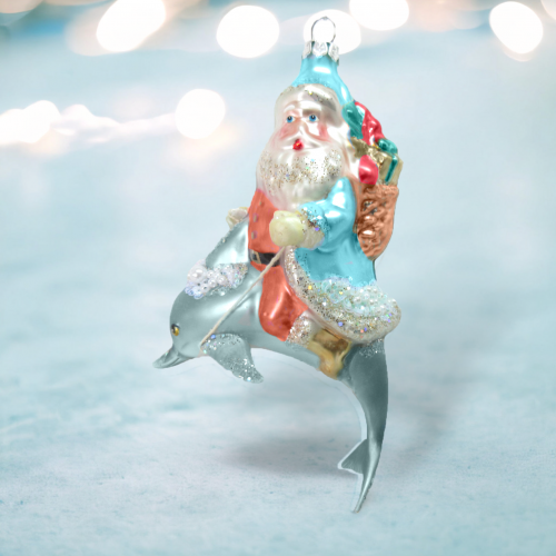 Santa on Blue Dolphin Ornaments Set Of 2 Coastal Christmas Decor *SHIPS WITHIN 10 DAYS*