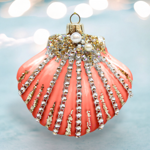 Coral Shell With Rhinestone Trim Ornaments Set Of 2 Coastal Christmas Decor *SHIPS WITHIN 10 DAYS*