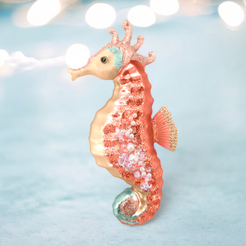 Coral Seahorse Ornaments Set Of 2 Coastal Christmas Decor *SHIPS WITHIN 10 DAYS*