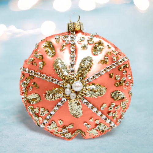 Coral Sand Dollar With Diamonds Ornaments Set Of 2 Coastal Christmas Decor *SHIPS WITHIN 10 DAYS*