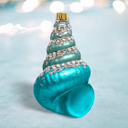 Blue Aqua Spiral Shell Ornaments Set Of 2 Coastal Christmas Decor *SHIPS WITHIN 10 DAYS*