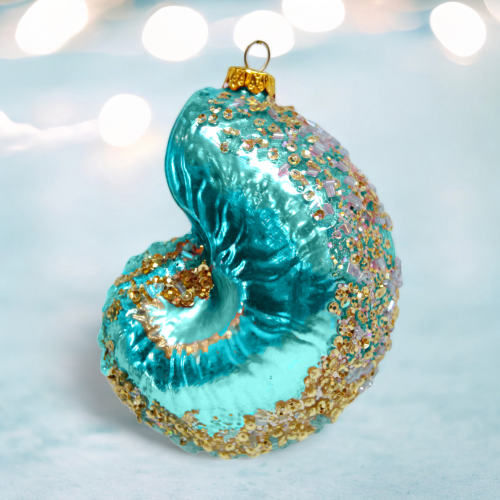 Aqua Nautilus Shell Ornaments Set Of 2 Coastal Christmas Decor *SHIPS WITHIN 10 DAYS*