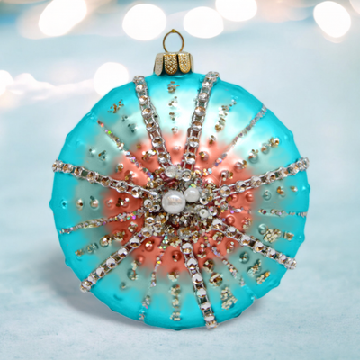 Teal/Coral Sand Dollar Shell Ornament Coastal Christmas Decor *SHIPS WITHIN 10 DAYS*