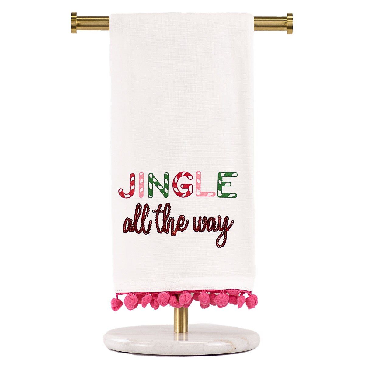 Jingle All The Way Pom Pom Christmas Decor Hand Towel Kitchen Accents