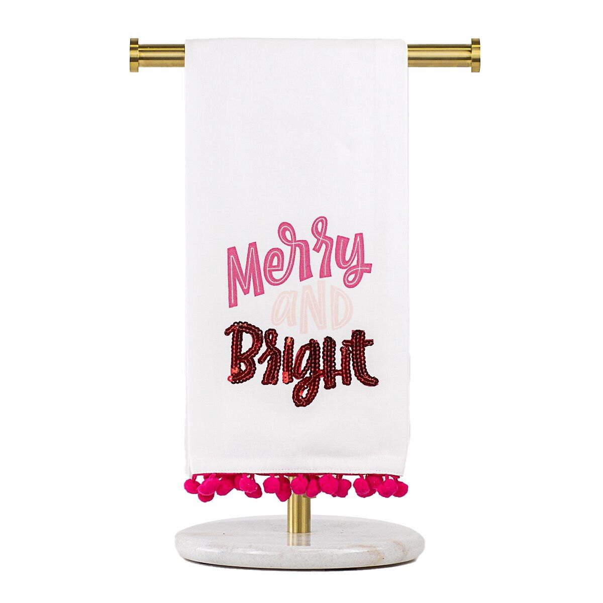 Merry &amp; Bright Pom Pom Christmas Decor Hand Towel Kitchen Accents