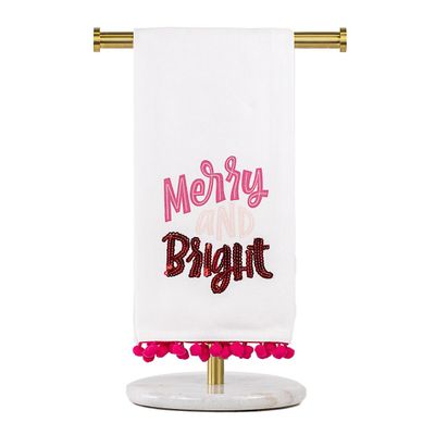 Merry &amp; Bright Pom Pom Christmas Decor Hand Towel Kitchen Accents