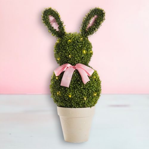 PRE-ORDER: Bunny Shape Boxwood With LED Pink Bow Easter Decor *SHIPS 2/2025* NEW 2025