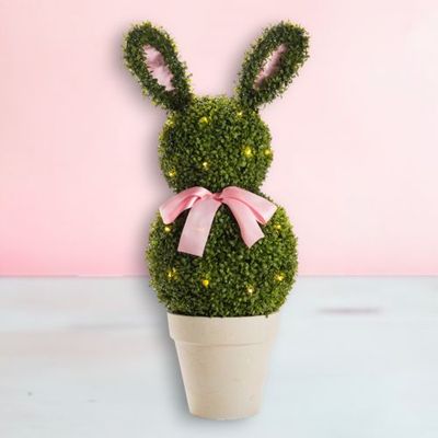 PRE-ORDER: Bunny Shape Boxwood With LED Pink Bow Easter Decor *SHIPS 2/2025* NEW 2025